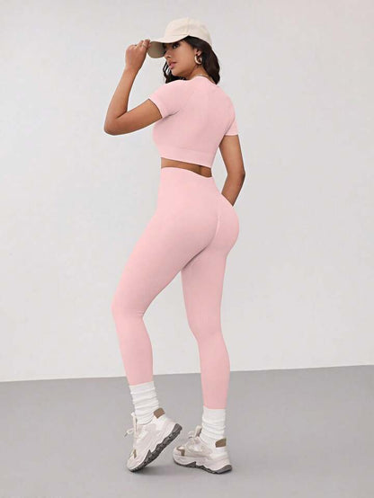 High Waisted Butt Lifting Control Pants and Short Sleeve Fitness Top Complete Yoga Set for Flattering Fit and Enhanced Performance