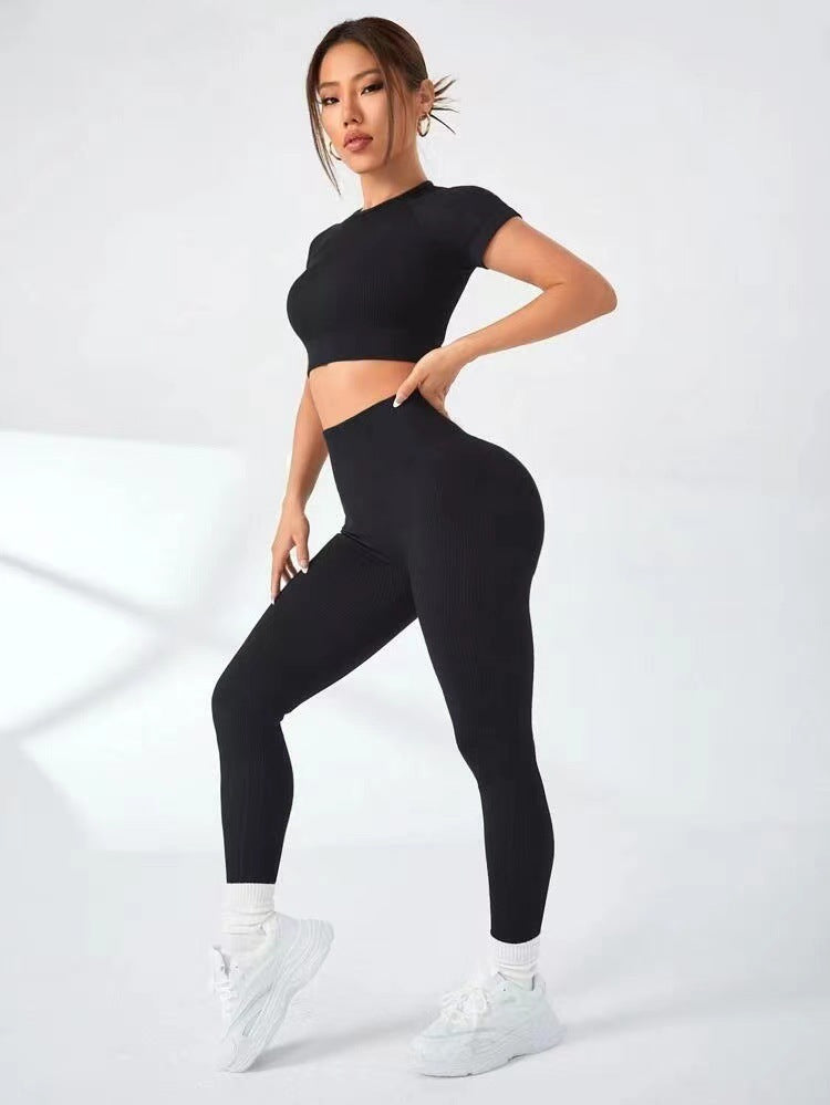 High Waisted Butt Lifting Control Pants and Short Sleeve Fitness Top Complete Yoga Set for Flattering Fit and Enhanced Performance