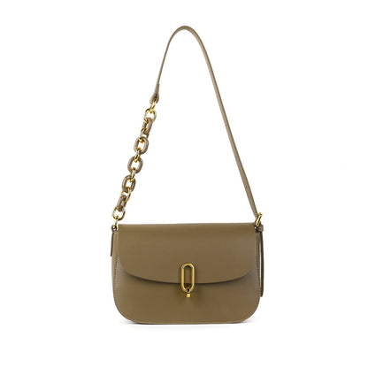 Genuine Leather Saddle Bag Chic and Minimalist Design with Unique Lock Closure Women's Chain Shoulder and Crossbody Bag