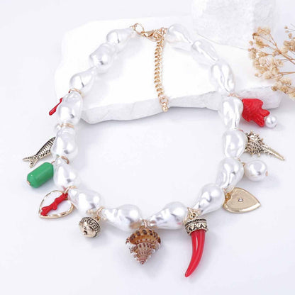 Elegant Baroque-Inspired Faux Pearl Heart Alloy with Ceramic Fish and Seashell Pendants – Stunning Women’s Necklace Collection