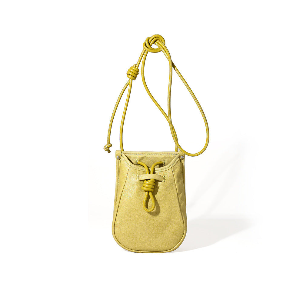 Genuine Leather Shoulder Bag for Women Large Capacity Drawstring Design Crossbody Phone Bag