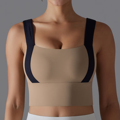 Color Block Wide Strap Sports Bra with Removable Pads for Running Yoga and Fitness for Women