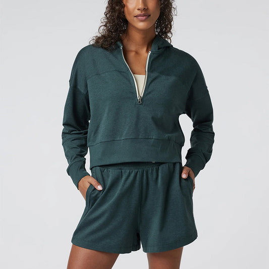 Half Zip Short Hoodie with Hood Loose Fit Long Sleeve Sweatshirt and Matching Casual Shorts Set for Comfortable Fitness and Outdoor Activities