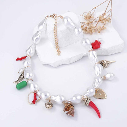 Elegant Baroque-Inspired Faux Pearl Heart Alloy with Ceramic Fish and Seashell Pendants – Stunning Women’s Necklace Collection