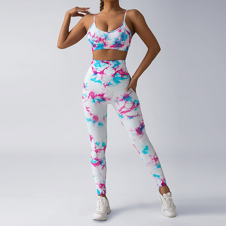 Tie Dye Seamless Adjustable Sports Bra and Legging Set with Built In Padding for Running Gym Workouts and Lifting Comfort