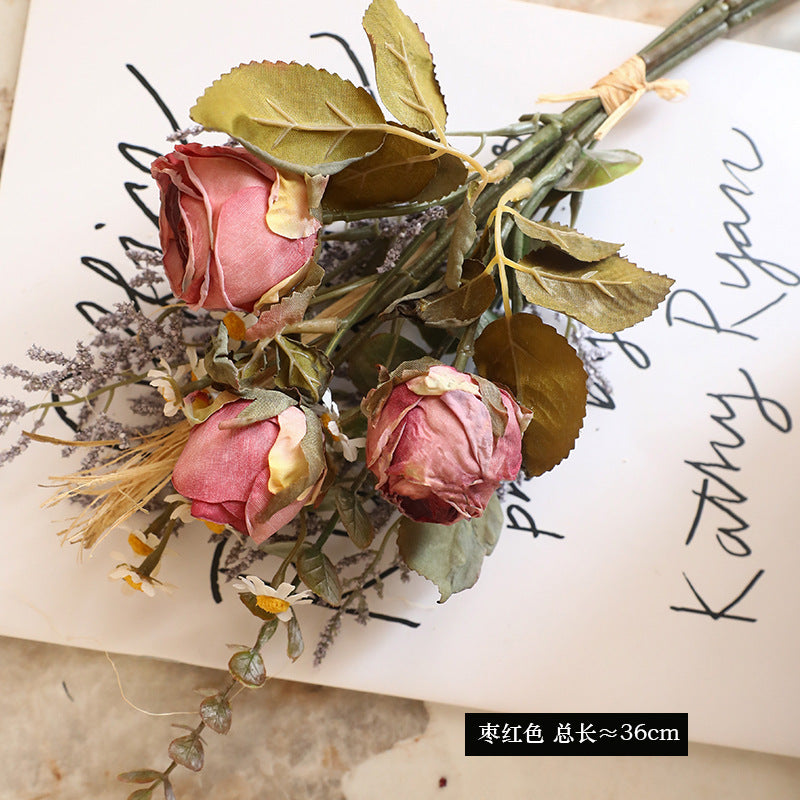 Lifelike Artificial Dried Rose and Daisy Bouquet - Perfect for Home Decor, Dining Table Centerpieces, Outdoor Weddings, and Photography Props