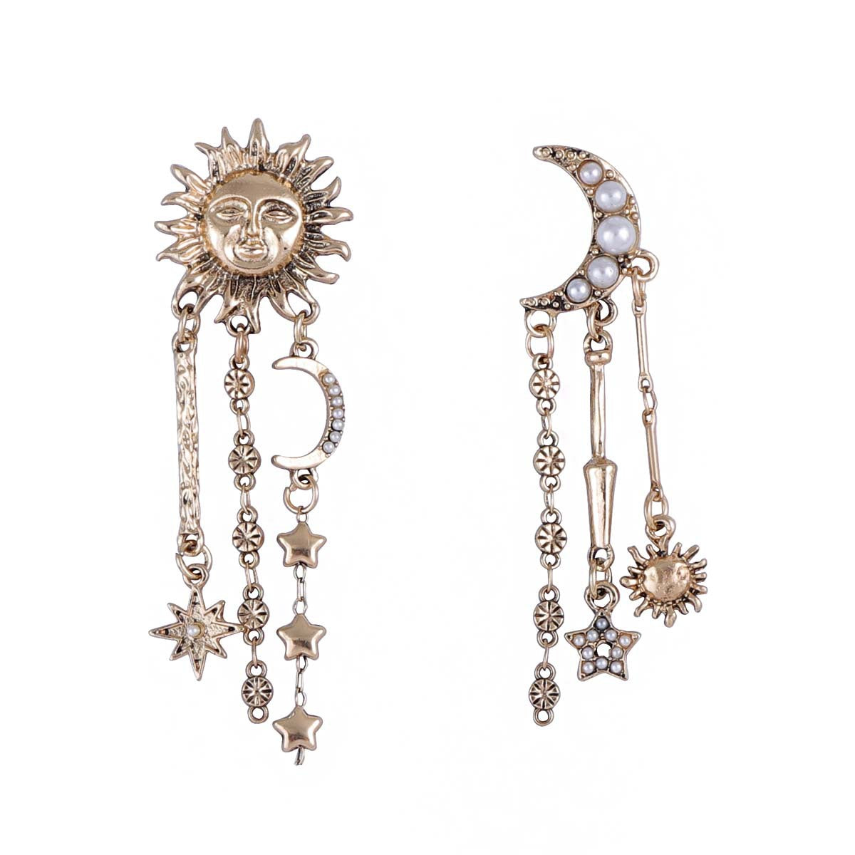 Bold and Unique Sun, Moon, and Star Tassel Earrings | Creative Geometric Universe Planet Jewelry for Women
