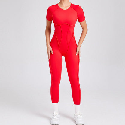 Autumn Winter 3D Backless Fitted Short Sleeve Jumpsuit with Long Pants All in One Yoga and Workout Ensemble for Maximum Comfort and Performance