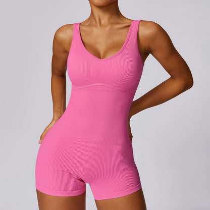 Seamless Women's Yoga Bodysuit High Elastic Ribbed Fitness One Piece Outfit for Comfort and Flexibility