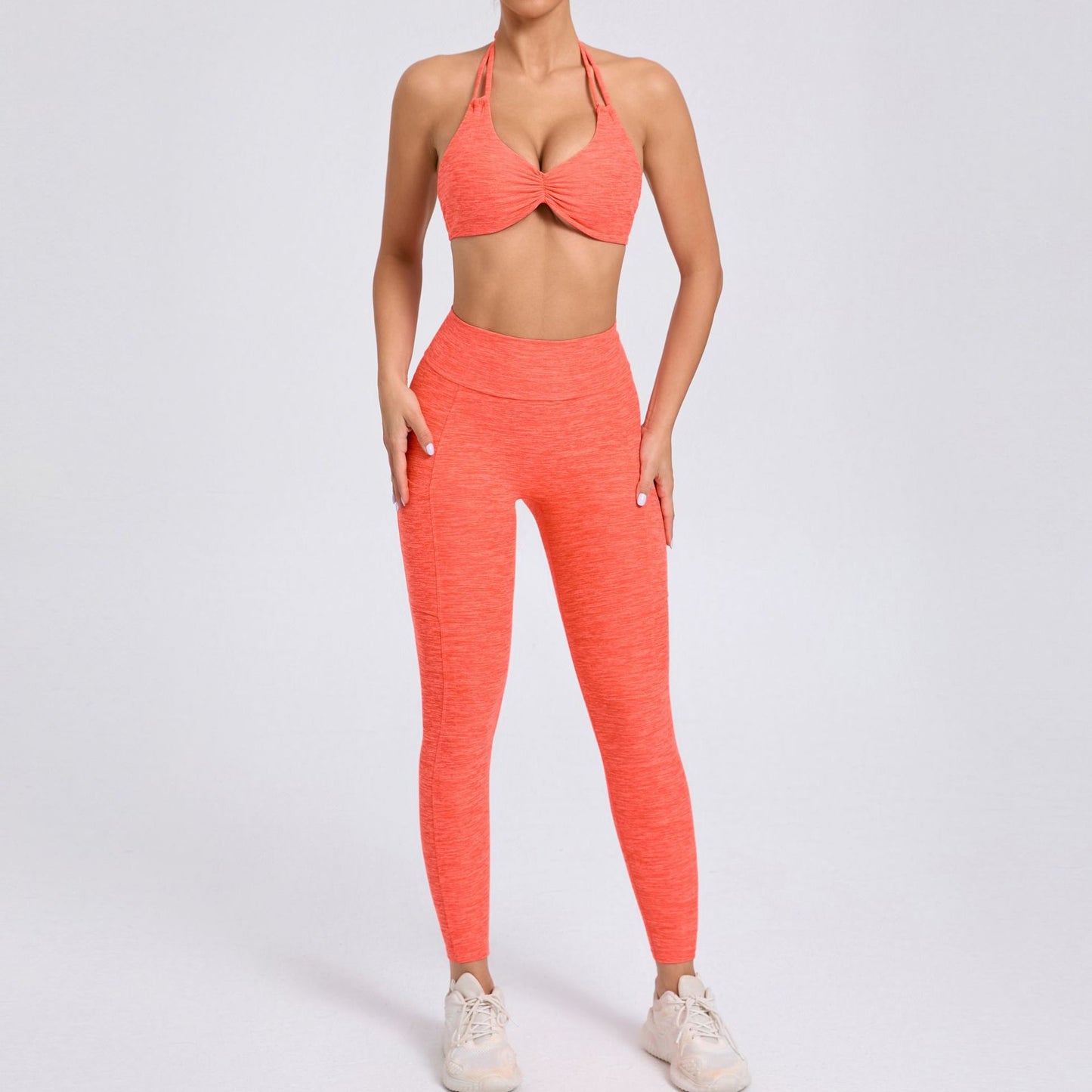 High Waisted Color Blocked Yoga Set with Side Pockets Two Piece Moisture Wicking Workout Outfit for Comfort and Style