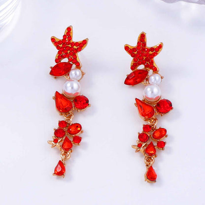 Exaggerated Starfish Long Earrings with Alloy Links, Colorful Gemstones, and Elegant Pearl Accents – Perfect for Adding a Touch of Glamour