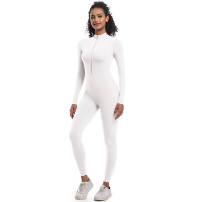 Women's Long Sleeve Zippered Bodysuit Figure Flattering Yoga Workout Jumpsuit for Enhanced Curves for Running and Fitness