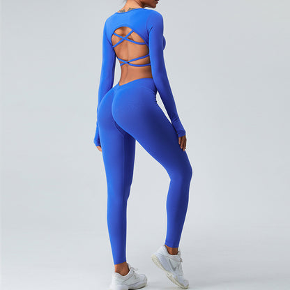 Women s Long Sleeve Yoga Top with Cross Back and V Waist Peach Designed Yoga Pants Activewear Set for Fitness and Training