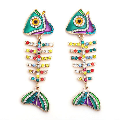 Creative Fish Alloy Rhinestone Women's Earrings - Elegant Metallic Fishbone Drop Earrings - Vintage Statement Jewelry for a Unique Style