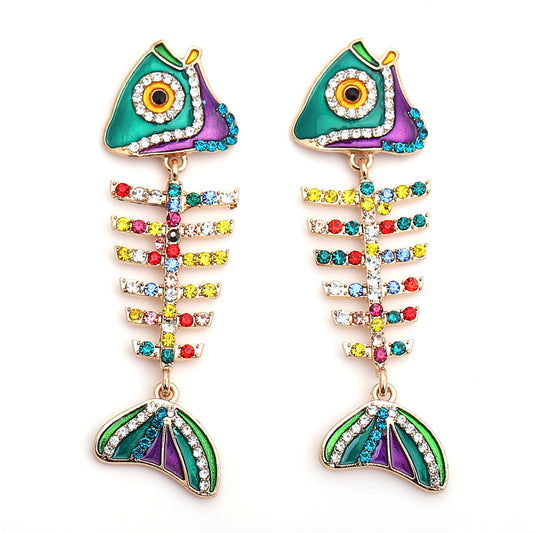 Creative Fish Alloy Rhinestone Women's Earrings - Elegant Metallic Fishbone Drop Earrings - Vintage Statement Jewelry for a Unique Style
