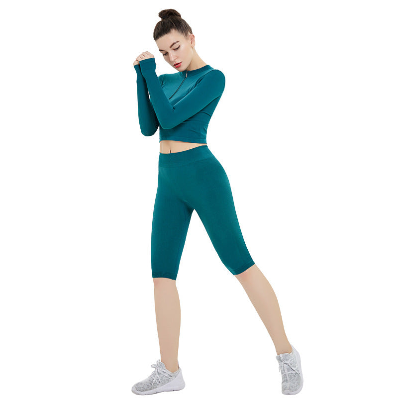 Seamless Solid Color Women's Yoga Set Long Sleeve Zip Up Top and 5 Inch Shorts for Fitness and Workouts