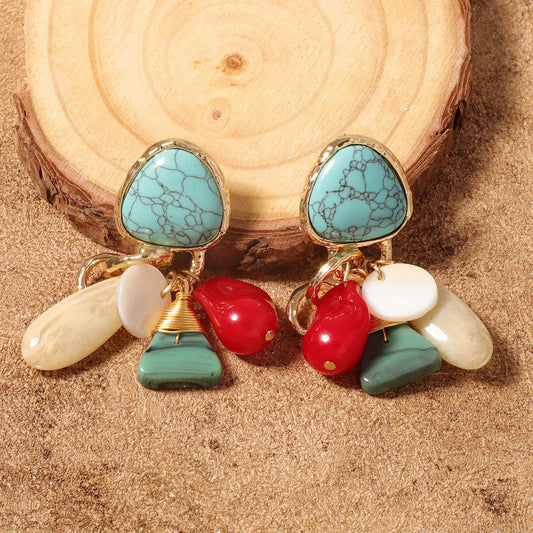 Unique Vintage-Inspired Colorful Gemstone Irregular Shape Pendant Earrings for Women – Artisan Crafted, Bohemian Aesthetic, Perfect for Any Occasion