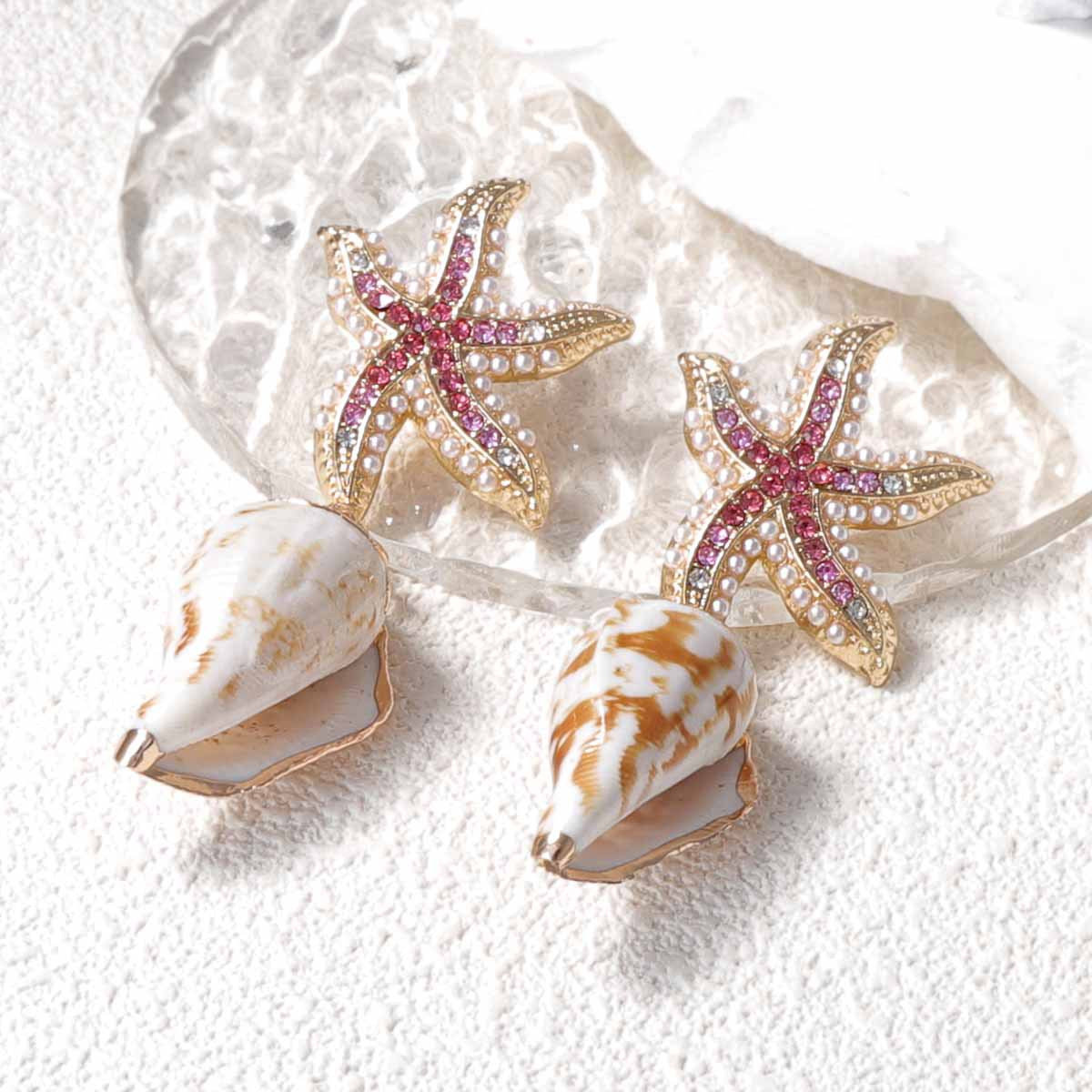 Charming Innovative Design: Zirconia-Embellished Alloy Starfish and Unique Seashell Earrings for Ocean-Themed Leisure and Vacation Style