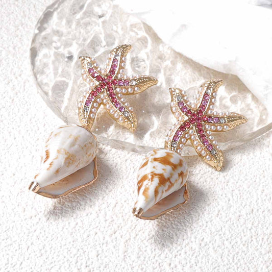 Charming Innovative Design: Zirconia-Embellished Alloy Starfish and Unique Seashell Earrings for Ocean-Themed Leisure and Vacation Style