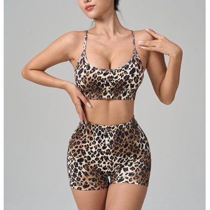 Leopard Print Yoga Outfit Set for Women Includes Outdoor Sports Bra and High Waisted Shorts for Fitness and Workouts