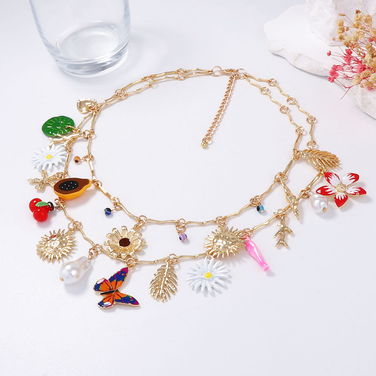 Charming Personalized Metal Chain Oil Droplet Alloy Butterfly Flower and Sunflower Imitation Pearl Pendant Necklace for Women - Unique Fashion Statement Jewelry
