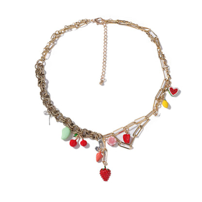 Trendy and Unique Alloy Dripped Oil Strawberry Cherry Radish Pendant Mixed Chain Necklace - Perfect for Fashion-Forward Individuals