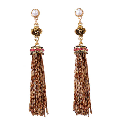 Bohemian-Inspired Geometric Tassel Drop Earrings with Dazzling Zirconia Stones - Vintage Ethnic Style for Unique Personal Expression