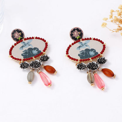 Exaggerated Ethnic Artistry: Chic Composite Gold Resin Bird and Floral Tassel Drop Earrings – Lightweight, Unique Design for Every Occasion