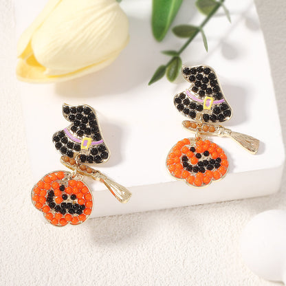 Trendy Halloween Creative Niche Design Harry Hat with Broom and Pumpkin Dangle Earrings – Perfectly Versatile Accessories for Spooky Season