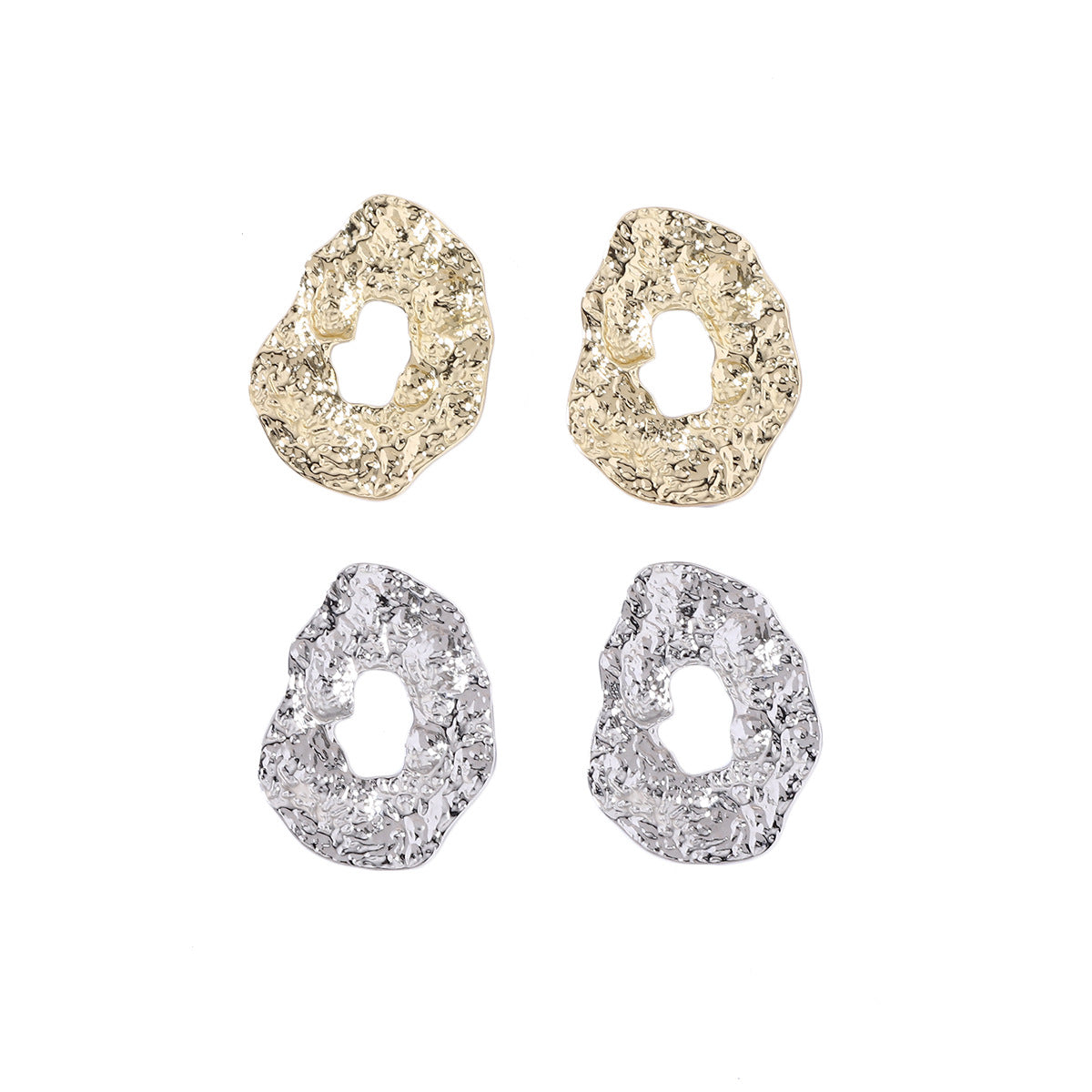 Stylish Geometric Irregular Oval Metal Earrings with Unique Hollowed Round Design — Eye-Catching Textured Studs for a Chic Look