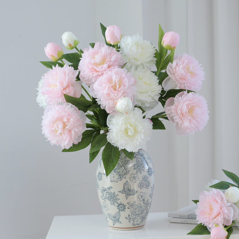 Elegant European-Style Single Stem Three-Headed Faux Peony Floral Arrangement for Home Decor, Weddings, and Photography - Perfect for Elegant Events