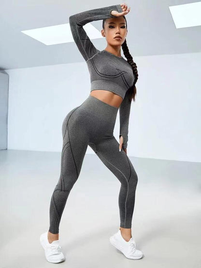 Seamless Autumn Winter Knit Yoga Outfit Long Sleeve Top Pants Set for Women for Fitness Gym Yoga Classes