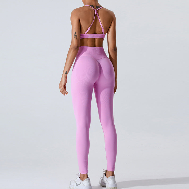 Seamless Women's Yoga Outfit Set with Cross Back Design Peach Butt Lifting Sportswear for Outdoor Fitness and Gym Workouts