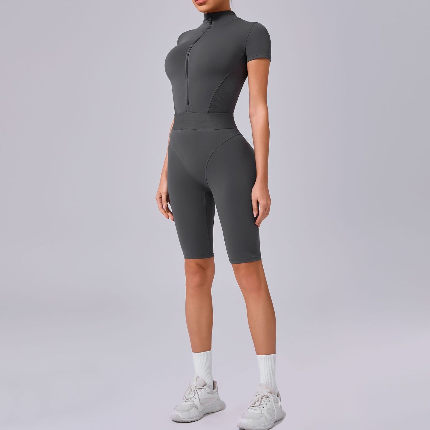 Women's Shaping Zipper Short Sleeve Yoga Bodysuit with Open Collar for Fitness and Workout Mesh Design for Comfort and Support