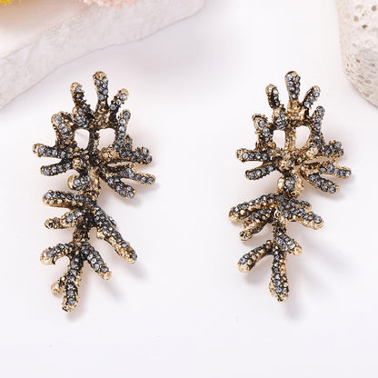 Stylish Allure: Unique Alloy Full-Diamond Coral Earrings for Women - Elegant, Versatile, and High-Quality Accessory Perfect for Any Occasion