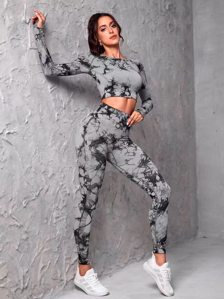 Fall Winter Seamless Tie Dye Yoga Workout Long Sleeve High Waisted Peach Lift Leggings Set for Women Performance and Comfort