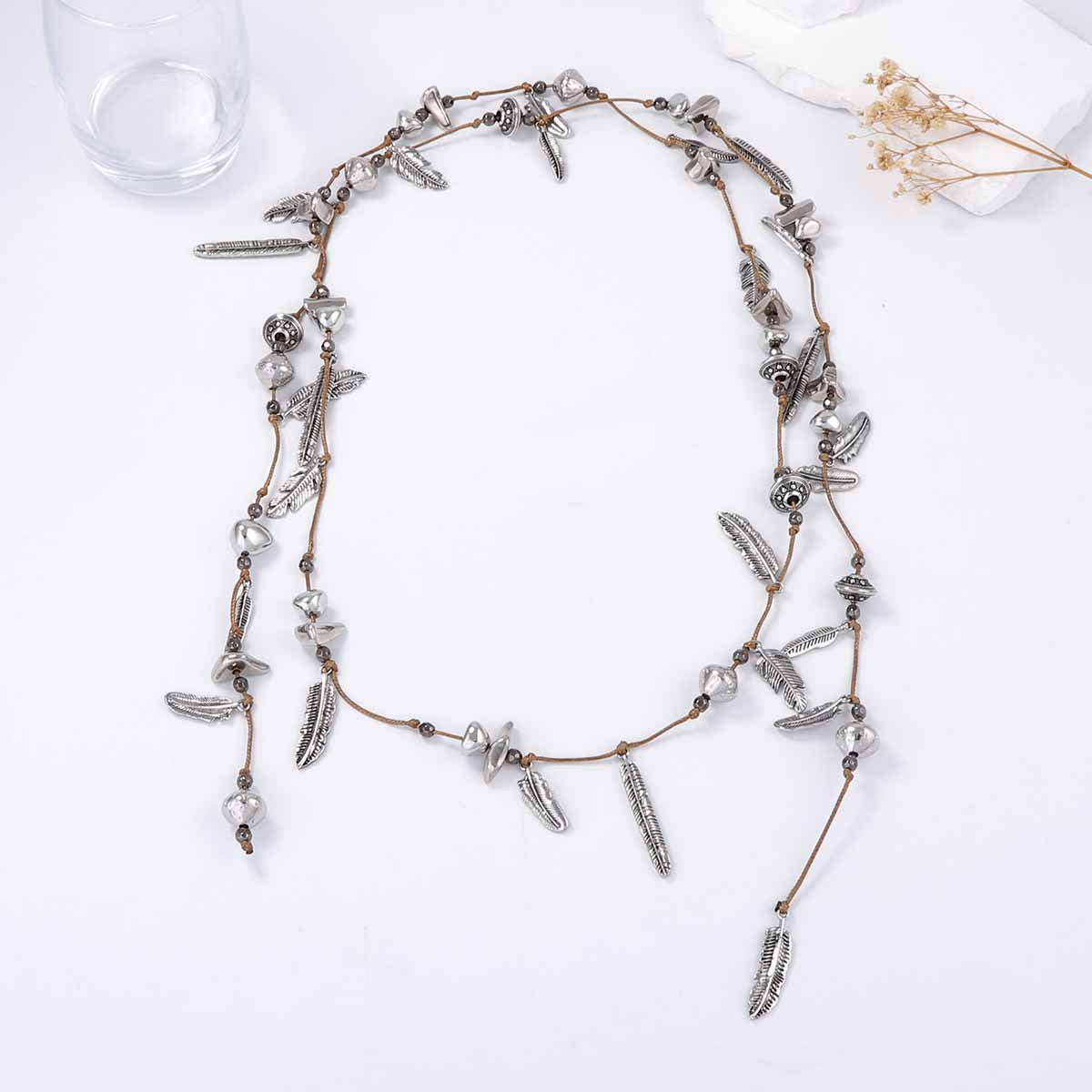 Unique Multi-Layer Braided Rope Alloy Leaf Feather Pendant Necklace - Versatile Everyday Wear for Stylish Women - Perfect for Work, Casual Outings, and Special Occasions