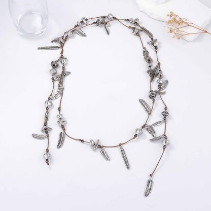 Unique Multi-Layer Braided Rope Alloy Leaf Feather Pendant Necklace - Versatile Everyday Wear for Stylish Women - Perfect for Work, Casual Outings, and Special Occasions