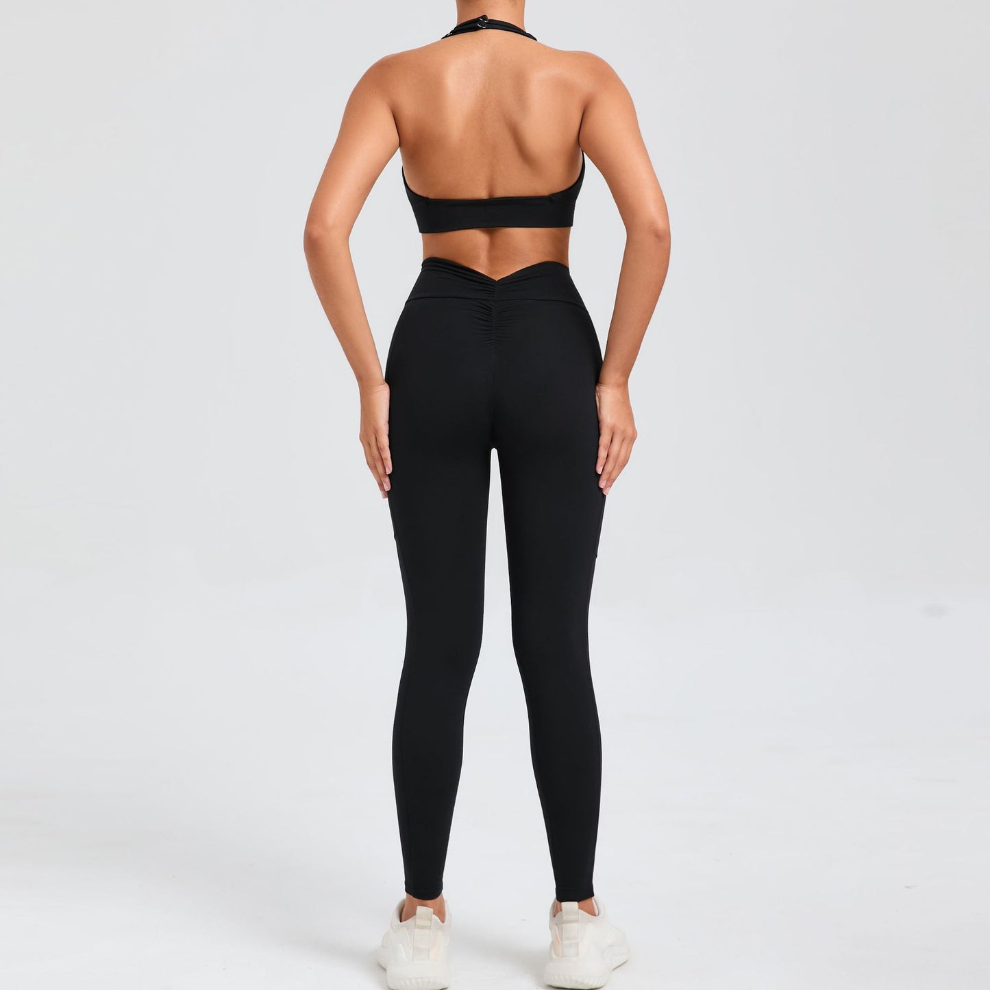 Fall Winter Yoga Outfit Set with Pockets V Waist Long Pants and Adjustable Neck Sports Bra for During Workouts