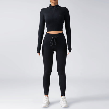 Chic Solid Color Zip Up Long Sleeve Fitness Set with Drawstring High Elastic Slim Fit Yoga Pants for Women for Fashionable Workouts and Daily Wear