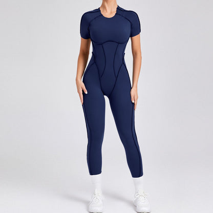 Autumn Winter 3D Backless Fitted Short Sleeve Jumpsuit with Long Pants All in One Yoga and Workout Ensemble for Maximum Comfort and Performance