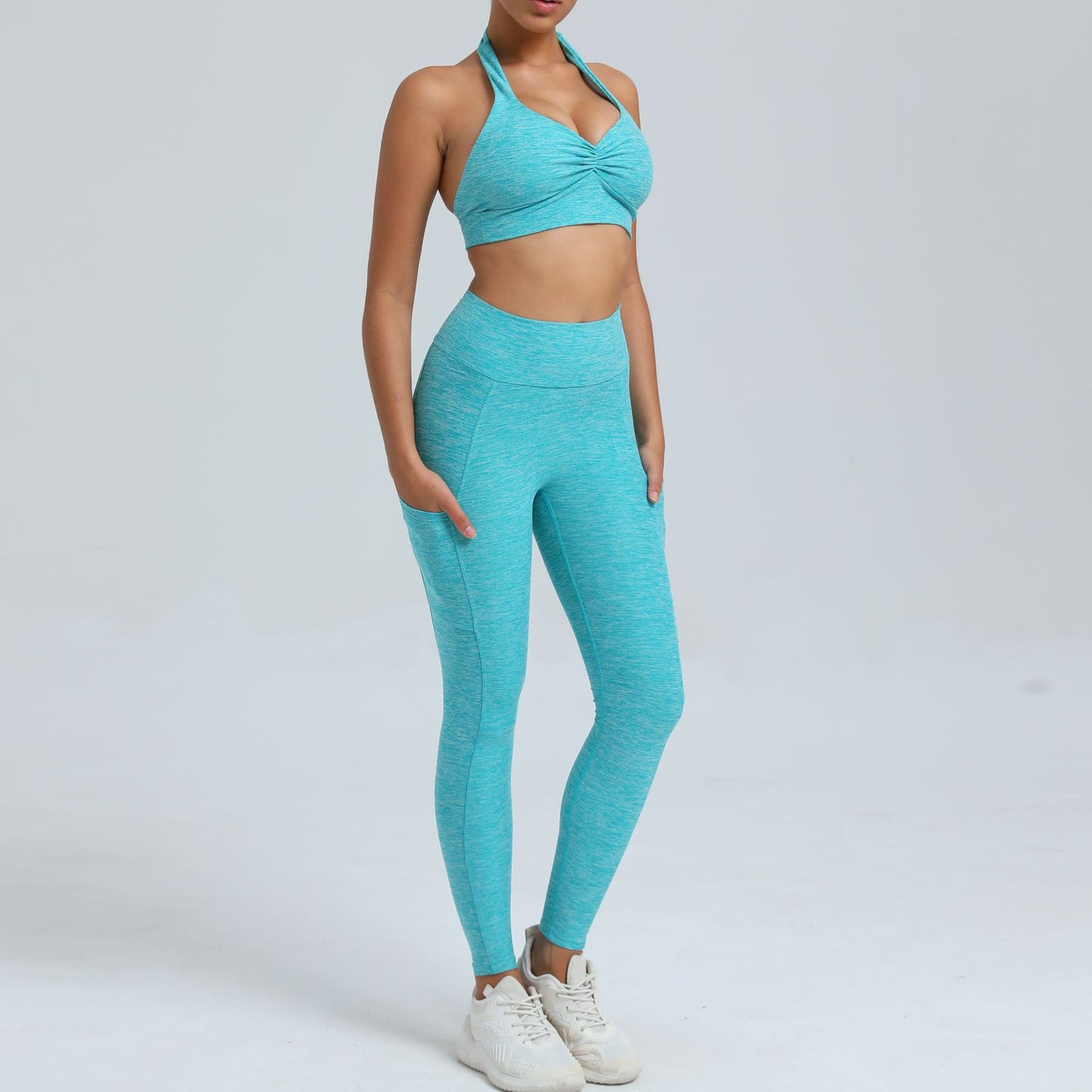 Fall Winter Yoga Outfit Set with Pockets V Waist Long Pants and Adjustable Neck Sports Bra for During Workouts