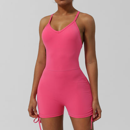 V Neck Cross Back Bodysuit with Thin Straps Athletic Yoga Outfit with Built in Chest Padding and Adjustable Drawstring Shorts for Maximum Comfort