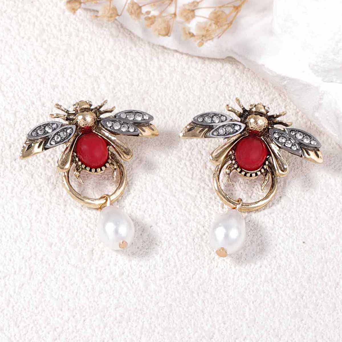 Stylish Vintage-Inspired Insect Water Drop Faux Pearl & Micro Pave Zircon Animal Earrings – Exquisite High-End Design for Women