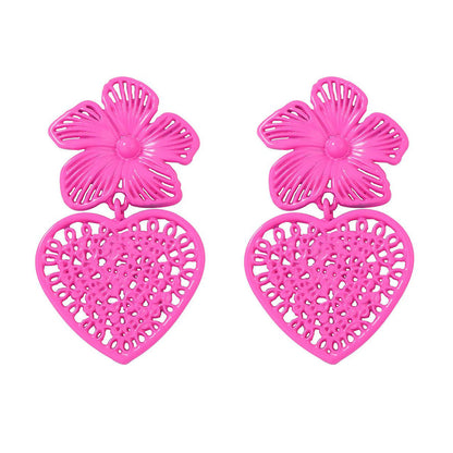 Exquisite Oversized Alloy Spray-Painted Hollow Heart-Shaped Floral Coconut Shell Drop Earrings for Elegant Ladies - Perfect for Parties and Special Occasions