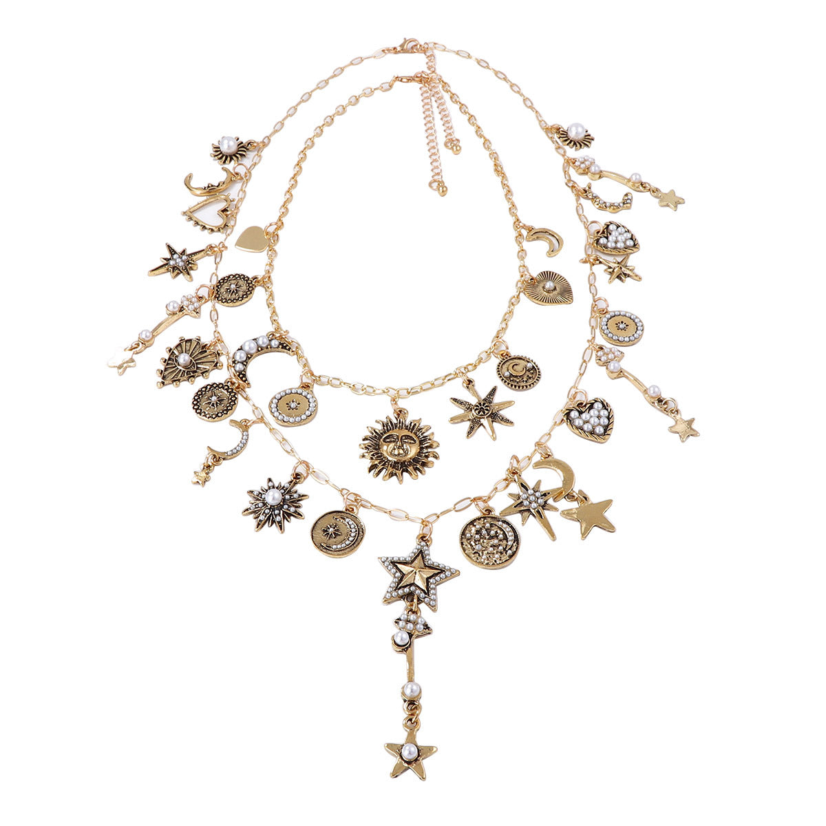 Unique Retro Luxe Gold-Tone Alloy Layered Chain Necklace with Sun, Moon, and Stars Charm for Women – Perfect for Layering, Versatile Fashion Accessory