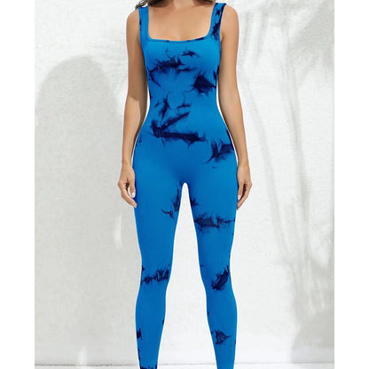 Seamless Tie Dye Yoga Jumpsuit for Women Sleeveless Athletic Bodysuit with Built in Supportive Top for Comfort and Flexibility