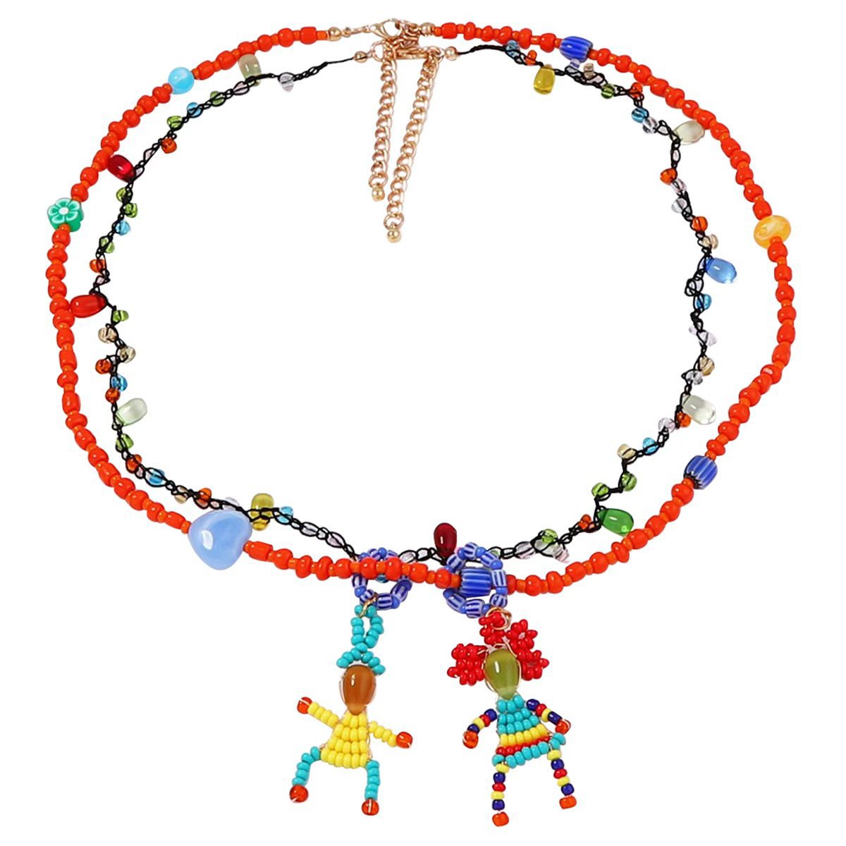 Charming Handcrafted Cartoon Beaded Doll Pendant Necklace – Cute Double-Layered Bracelet for Casual Women's Style