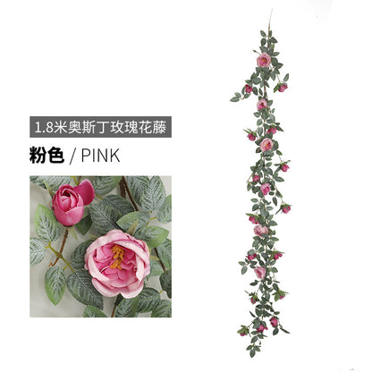 1.8m Austin Rose Vine Decorative Wall Hanging - Lifelike Artificial Flower Ivy for Concealing Air Conditioning Ducts and Enhancing Home Aesthetics