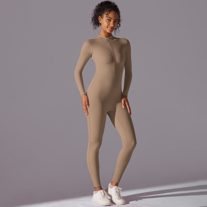 Open Collar Long Sleeve Zippered Bodysuit for Dance and Fitness Tight Fitting Women's Yoga Outfit for Comfort and Performance